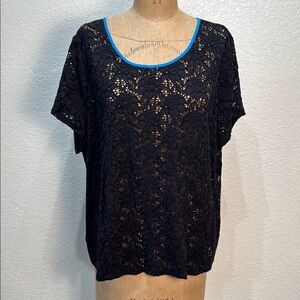 Style & Co Black Lace Short Sleeve‎ Blue Accent Back Zipper Women Top 3X
